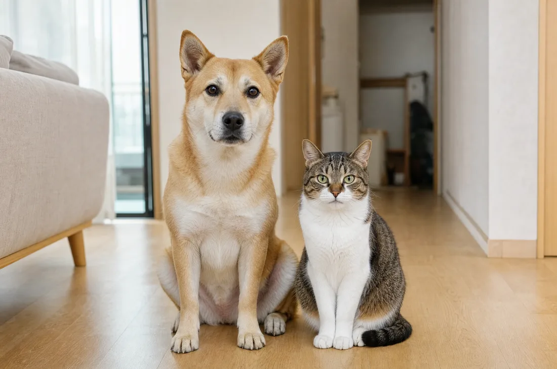 나란히 앉아 있는 성년기 강아지와 고양이